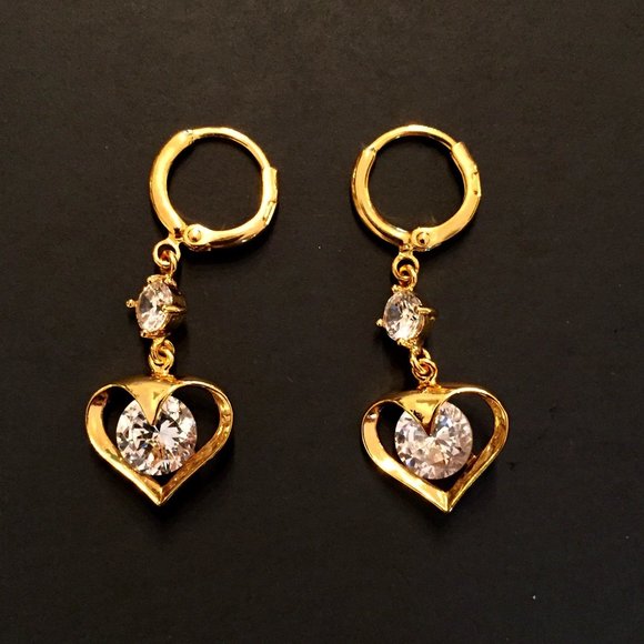 yellow gold plated crystal heart earrings - Picture 1 of 2